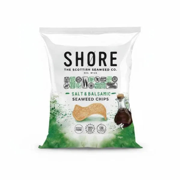 Shore Salt & Balsamic Seaweed Chips packaging on a white background