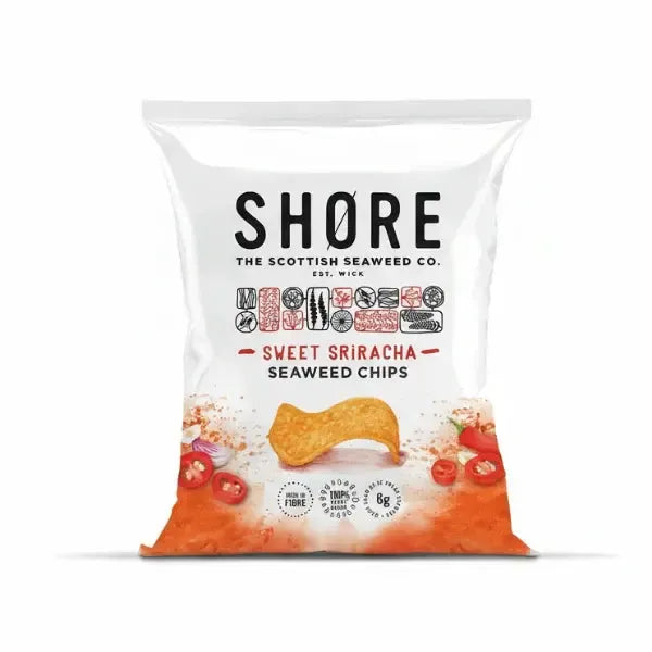 Shore Sweet Sriracha seaweed chips packaging on a white background
