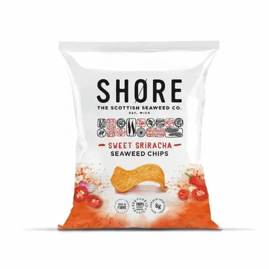 Shore Sweet Sriracha seaweed chips packaging on a white background