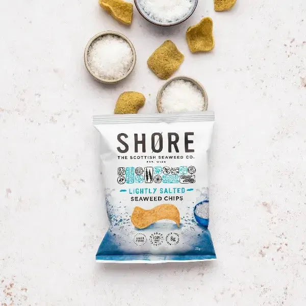 Pack of Shore Seeweed Lightly Salted Chips showing actual chips and some salt