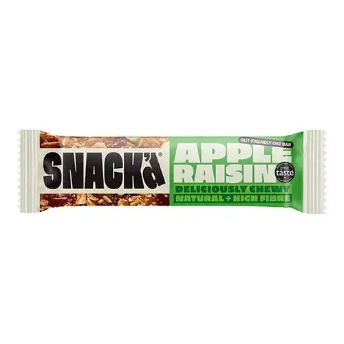 Snack'd Apple Raisin oat bar packaging on a white background