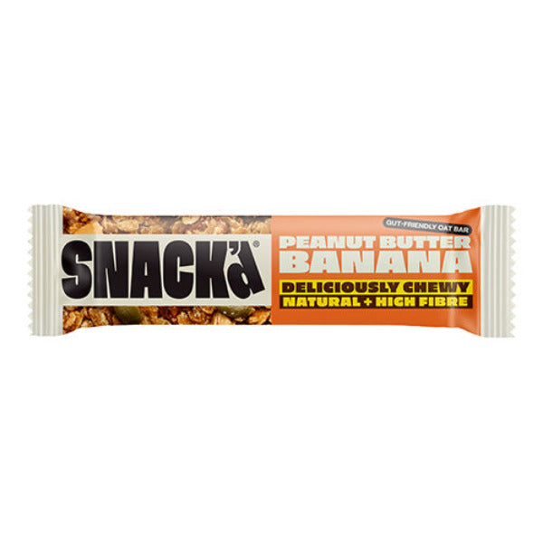 Snack'd snack bar packaging with 'Peanut Butter Banana' flavour on a white background