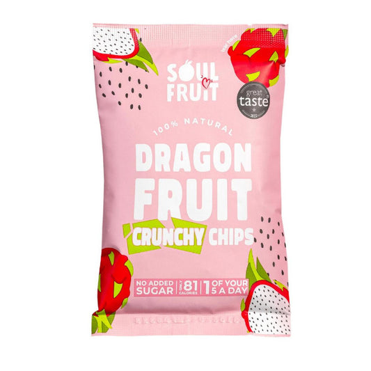 Soul Fruit Dragon fruit crunchy chips pack with branding and nutritional information.