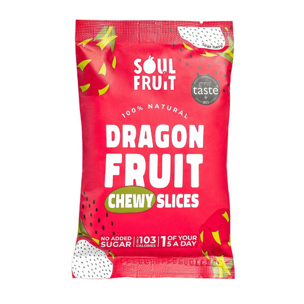 Red package of Soul Fruit dragon fruit soft  chewy slices dried fuit snack on a white background