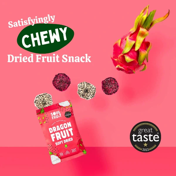 Soul Fruit Dragon fruit soft dried fruit snack packaging with 'Satisfyingly Chewy' branding on a pink background.