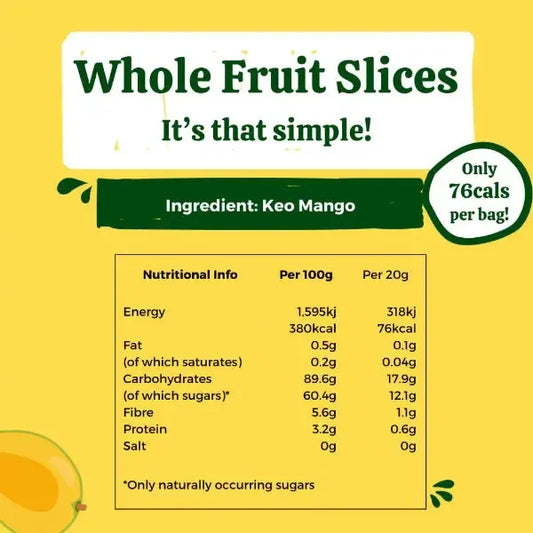 Nutritional information for Soul Fruit Keo Mango whole fruit slices on a yellow background