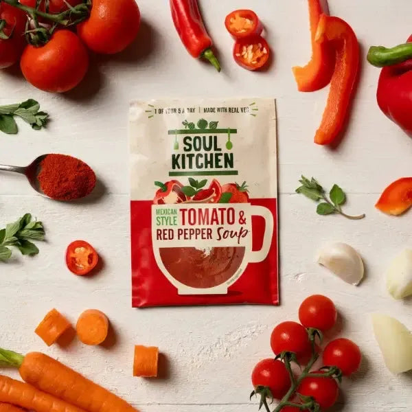 mage of Soul Kitchen mexican style tomato and red pepper soup pack on a table with ingredients