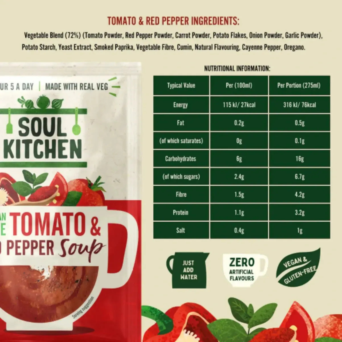 mage of Soul Kitchen mexican style tomato and red pepper soup ingredients and nutritional information