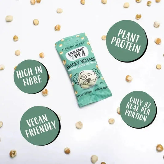 Packaging of 'Taking the Pea' wasabi wasabi with nutritional information labels on a white background.