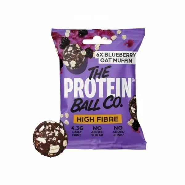 Purple packaging of The Protein Ball Co. with a protein ball on a white background