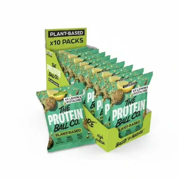 Display of The Protein Ball Co. lemon and pistachio protein balls packaging.