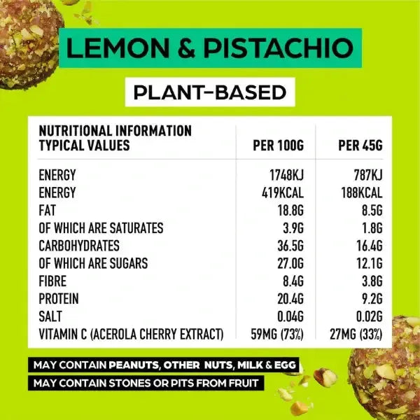 Nutritional information label for lemon and pistachio plant-based product on a green background