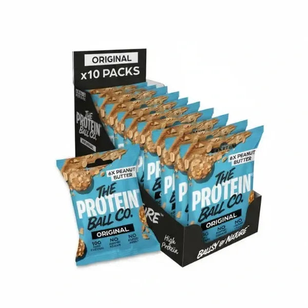 Display of The Protein Ball Co. Original peanut butter protein balls packaging.