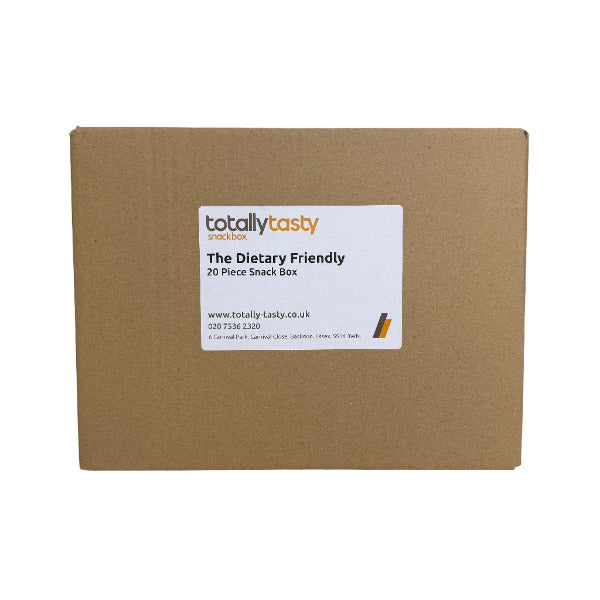 Cardboard box with a 'totally tasty' dietary friendly snack label on a white surface