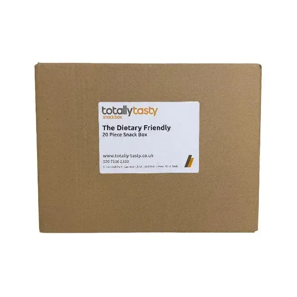 Cardboard box with a 'totally tasty' dietary friendly snack label on a white surface