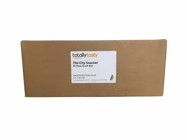 Cardboard box with 'totally tasty' label on a white surface