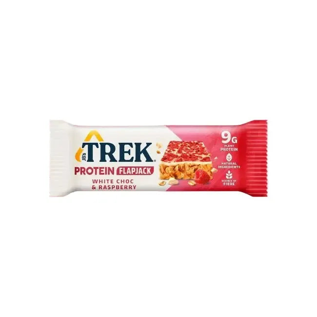 Trek Protein Flapjack bar with white chocolate and raspberry flavour on a white background