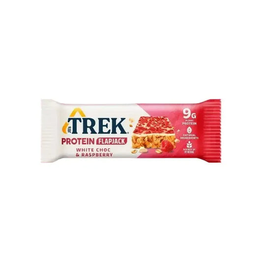 Trek Protein Flapjack bar with white chocolate and raspberry flavour on a white background