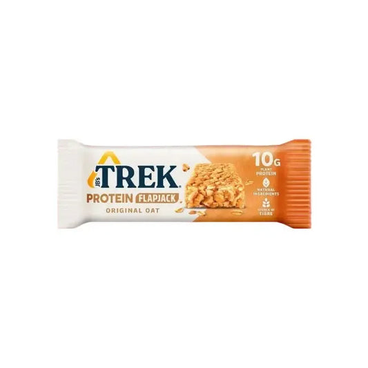 Trek protein flapjack bar on a white background