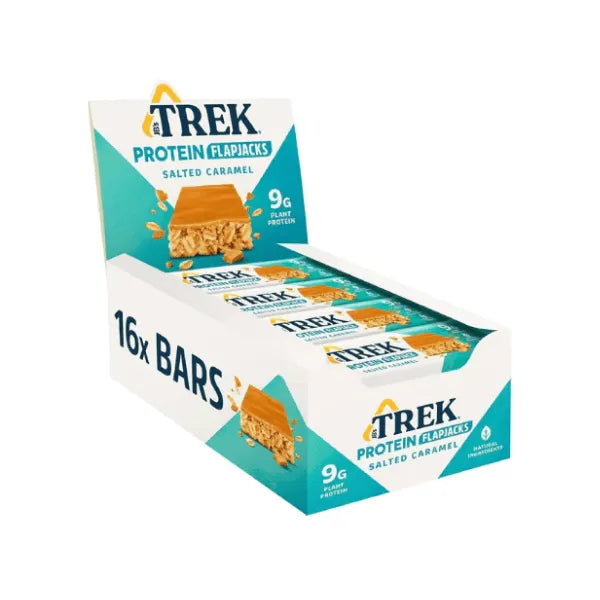 Box of Trek Protein Flapjacks Salted Caramel flavour on a white background