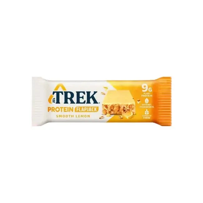 Trek protein flapjack bar on a white background