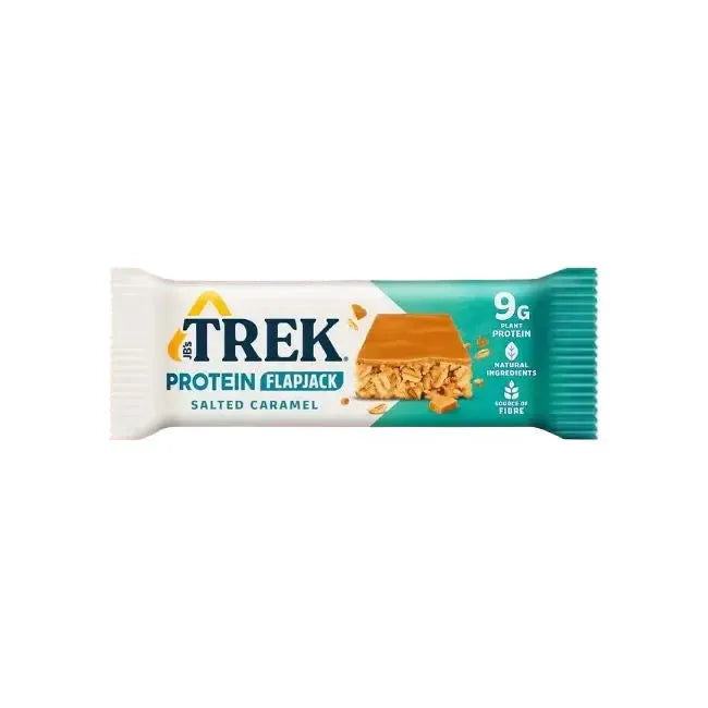 Trek Protein Flapjack bar with salted caramel flavour on a white background
