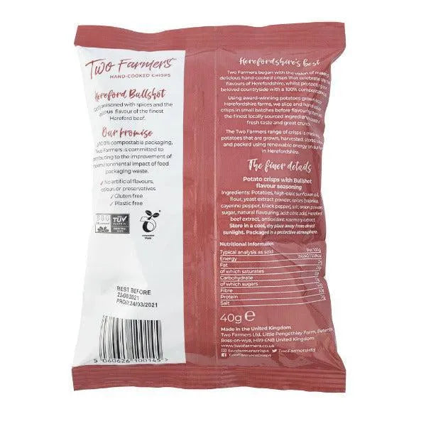 Back view of a Two Farmers Hereford and Bullshot potato crisps packaging with text and branding.
