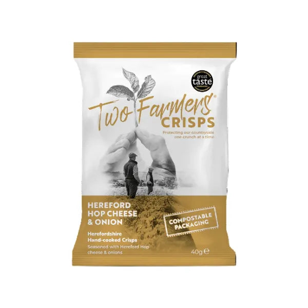 Two Farmers Crisps Hereford Hop Cheese & Onion flavour packaging on a white background