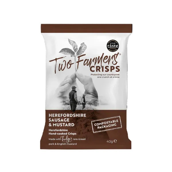 Two Farmers Crisps Herefordshire Sausage & Mustard flavour packaging on a white background