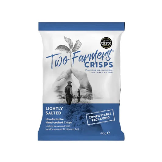 Two Farmers Crisps packaging with blue and white design on a white background