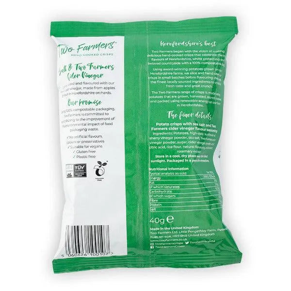 Green and white rear packaging of Two Farmers Salt & Cider Vinegar flavour potato crisps with text and nutritional information.