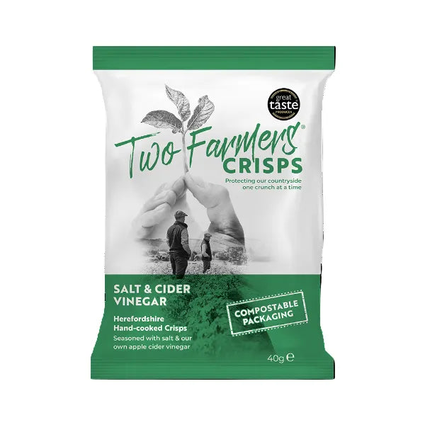 Two Farmers Salt & Cider Vinegar flavour Crisps packaging with a white background