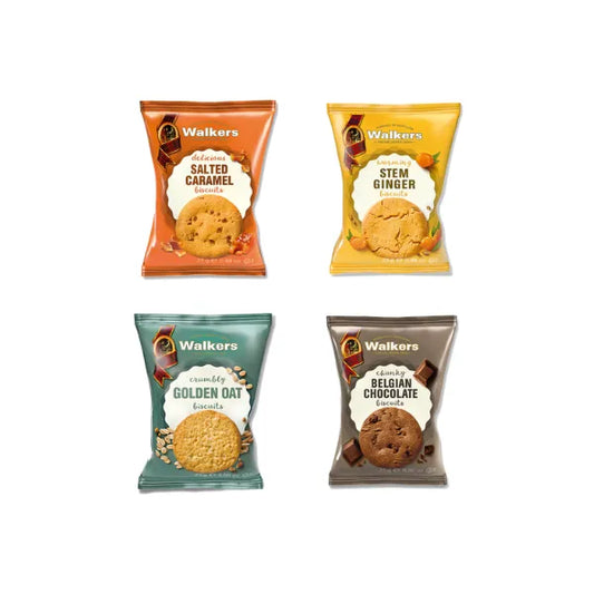 Four packets of Walkers shortbread cookies in different flavors on a white background